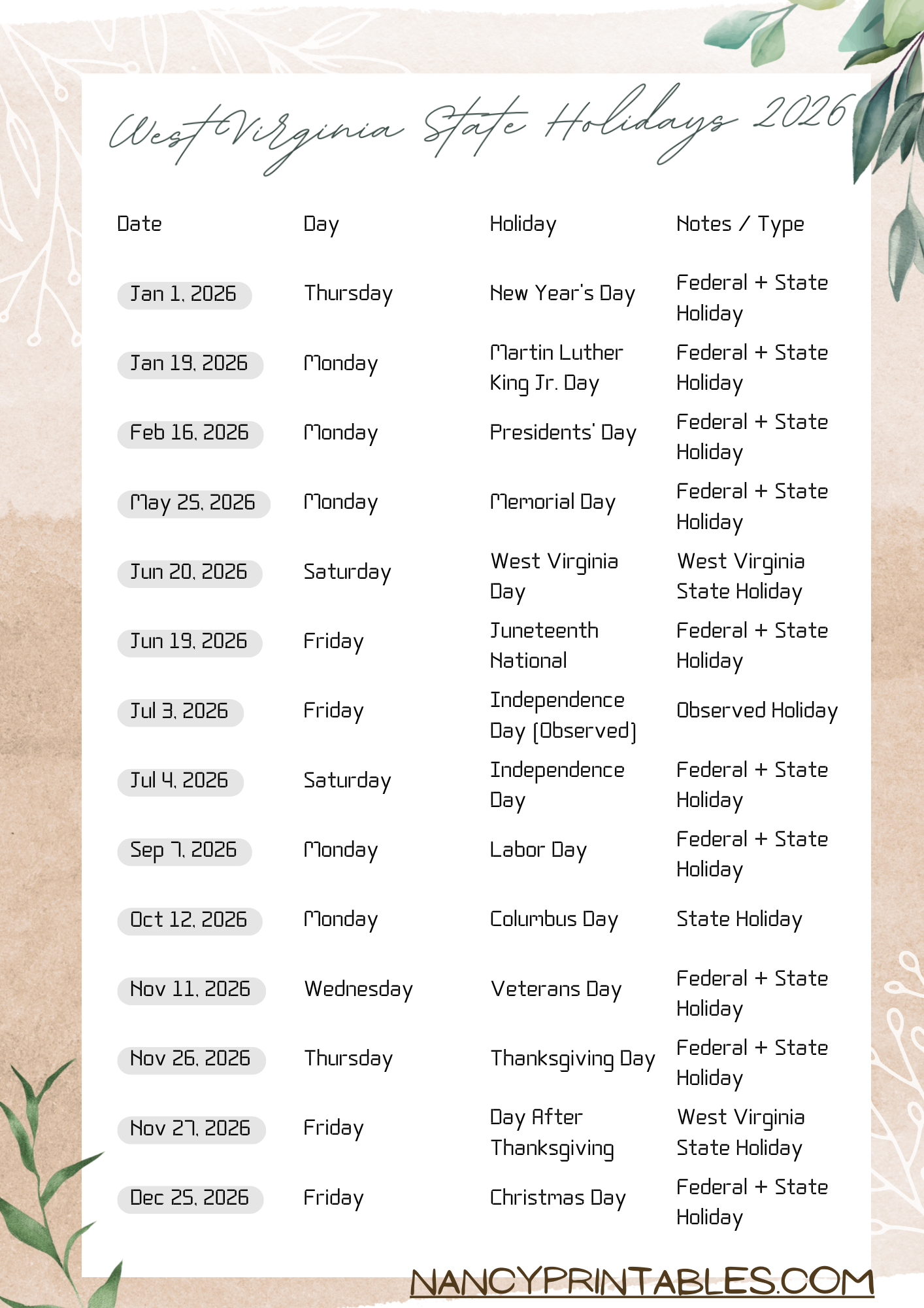 West-Virginia-State-Holidays-2026-