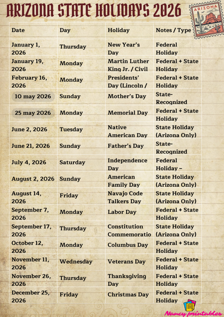 Arizona State Holidays 2026 2
