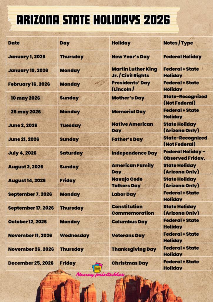 Arizona State Holidays 2026 3 printable