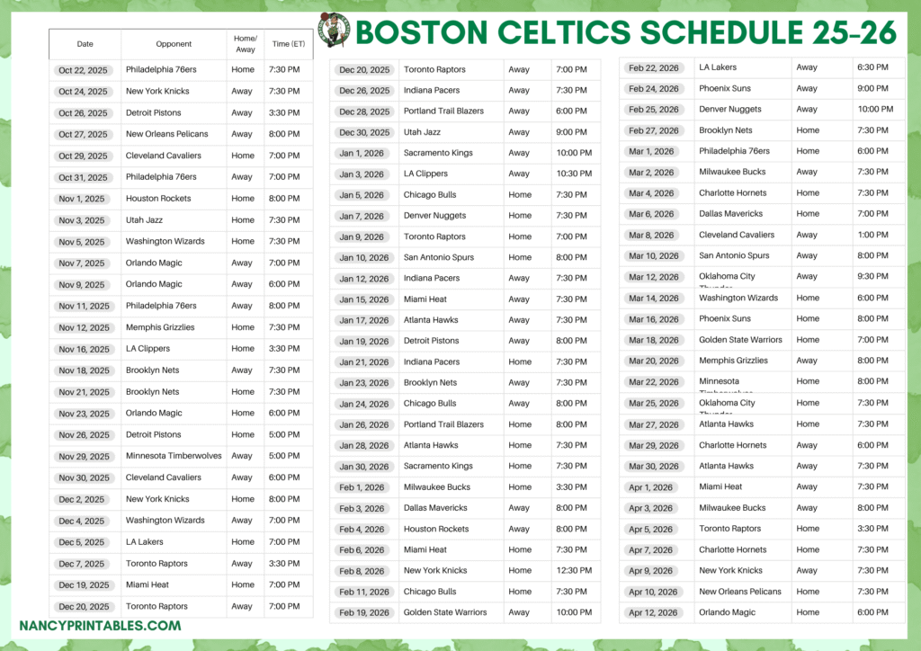 Boston Celtics Printable 25 26 Schedule With Score Card Boston Celtics Schedule 3 25 26 1024x724 