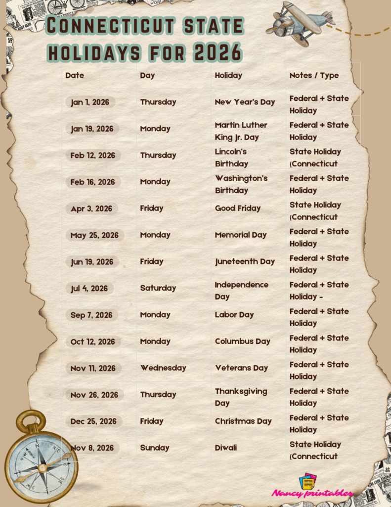 Connecticut state holidays for 2026