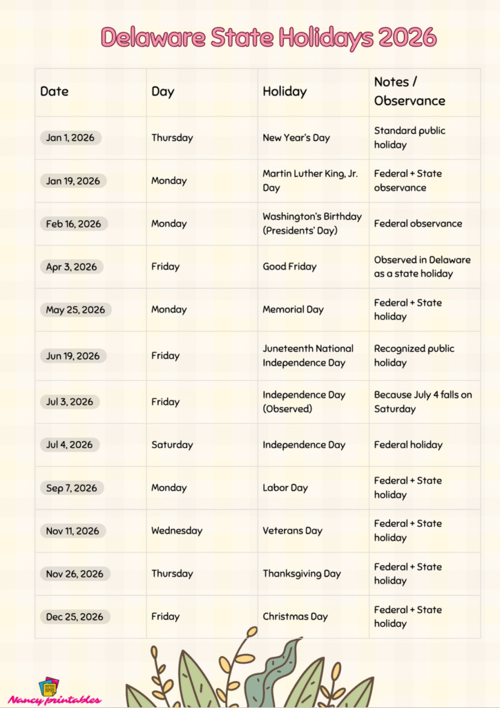 Delaware State Holidays 2026 (3)