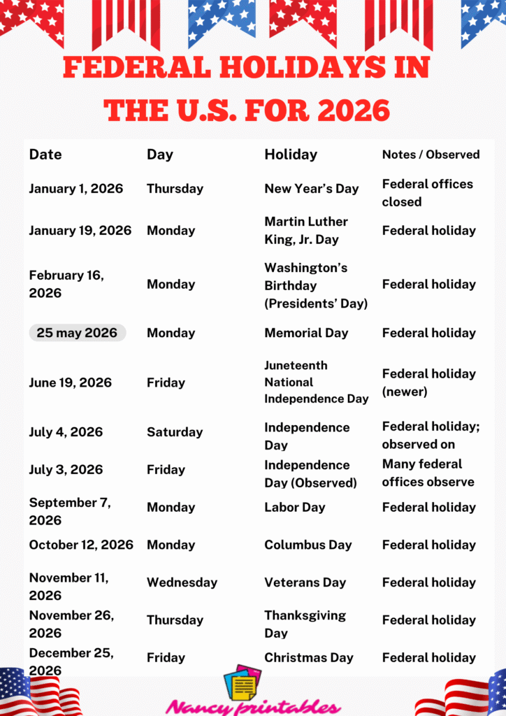 Federal Holidays in the U.S. for 2026