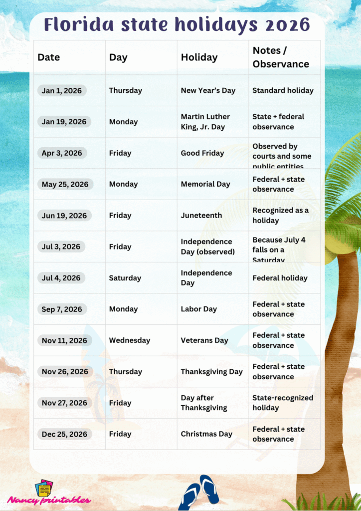 Florida State Holidays for 2026 printable pdf