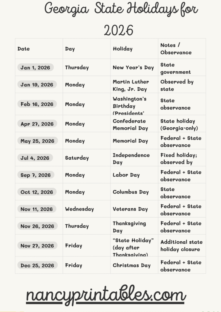 Georgia State Holidays for 2026 (2)