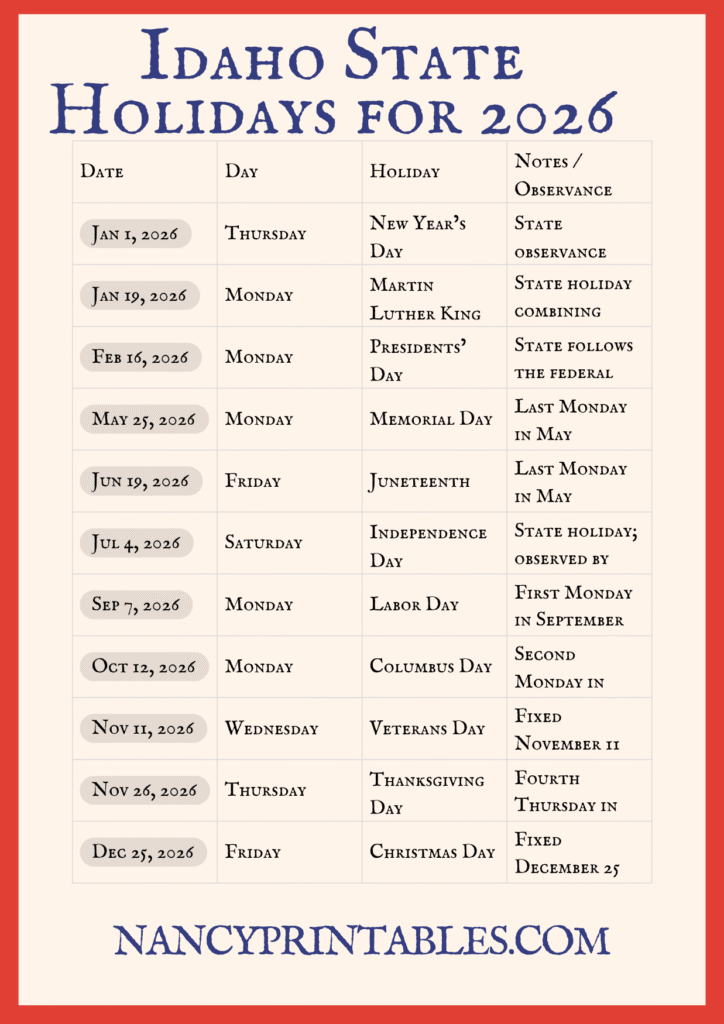 Idaho State Holidays for 2026 (2)