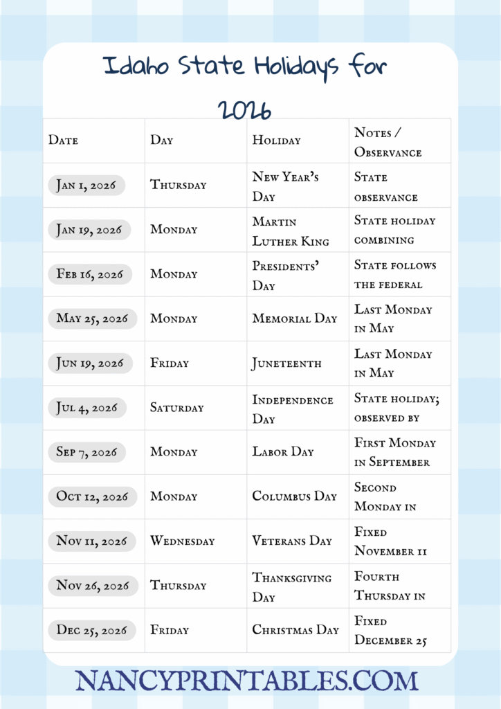 Idaho State Holidays for 2026 (3)