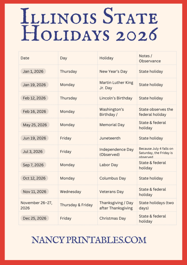 Illinois State Holidays 2026
