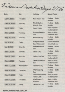 Indiana State Holidays 2026 (3)