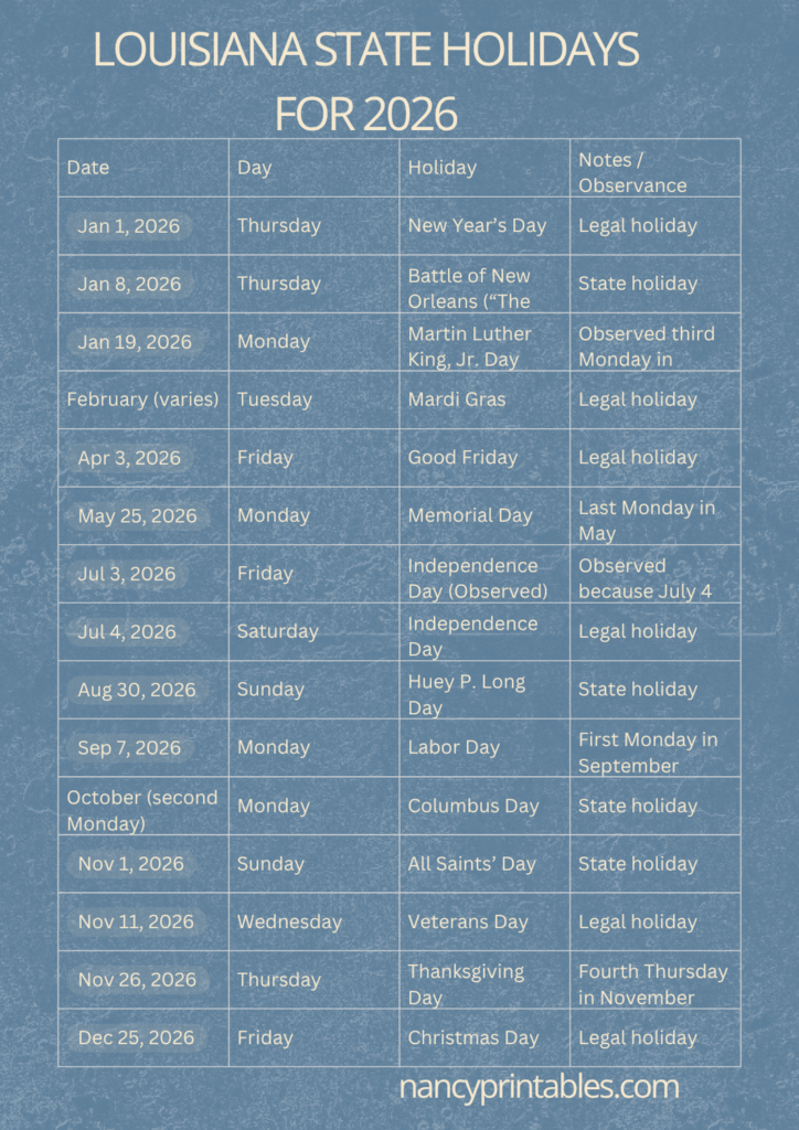 Louisiana State Holidays 2026