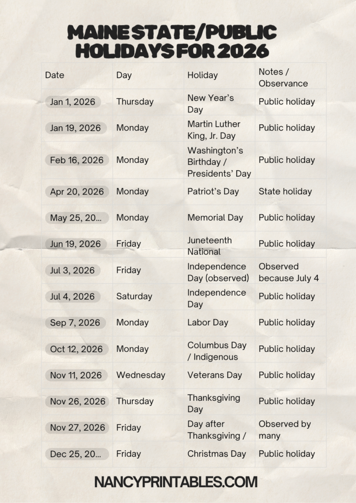 Maine State_Public Holidays for 2026 (2)