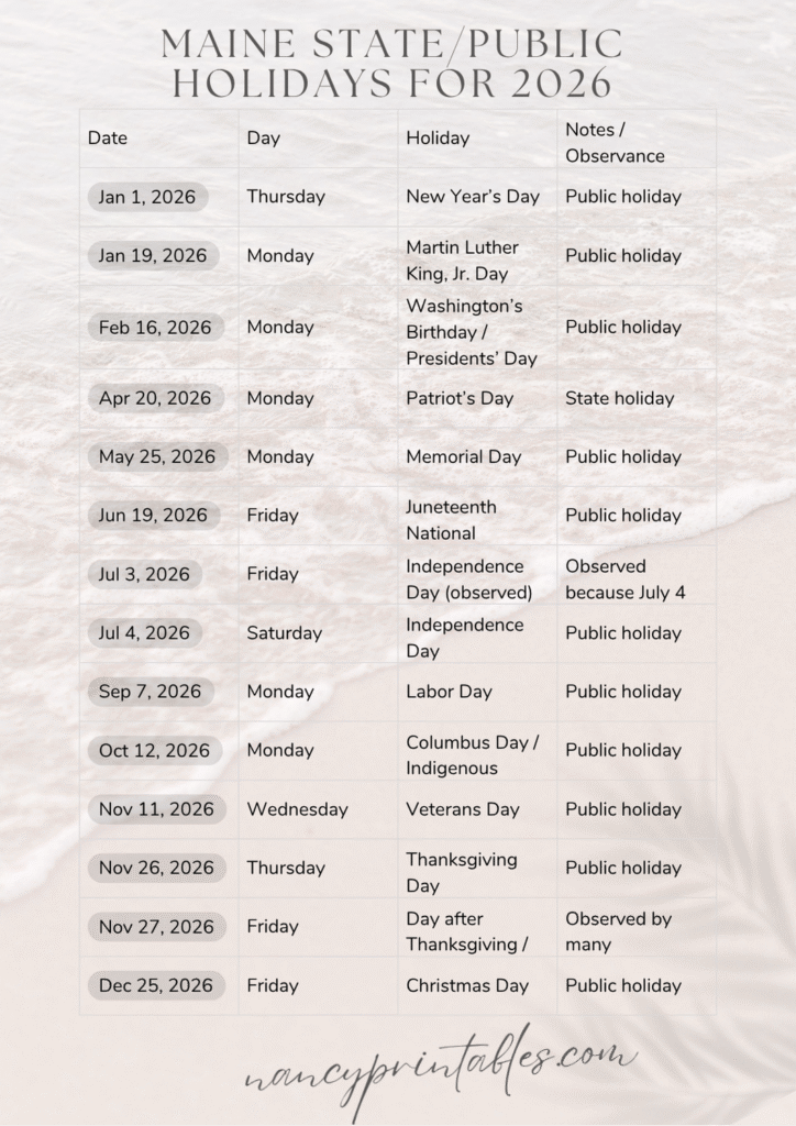 Maine State_Public Holidays for 2026 (3)