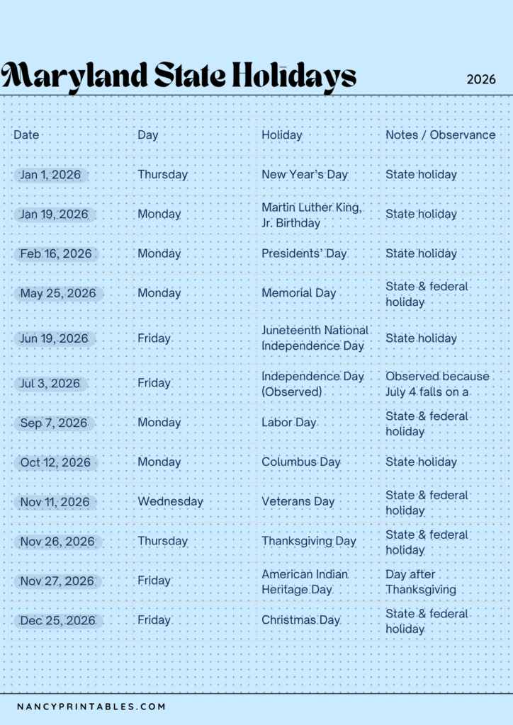 Maryland State Holidays for 2026 (2)