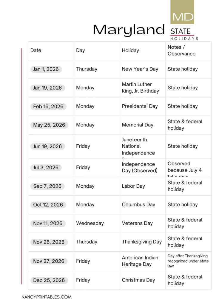 Maryland State Holidays for 2026 (2)