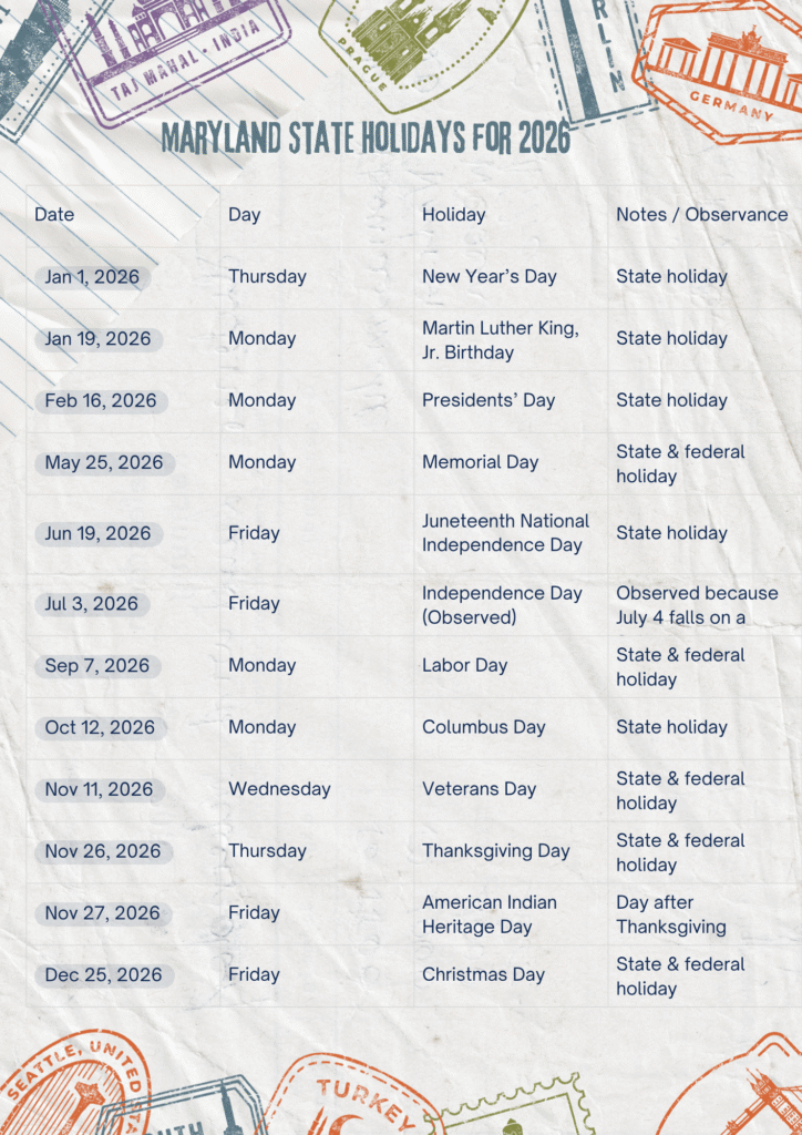 Maryland State Holidays for 2026