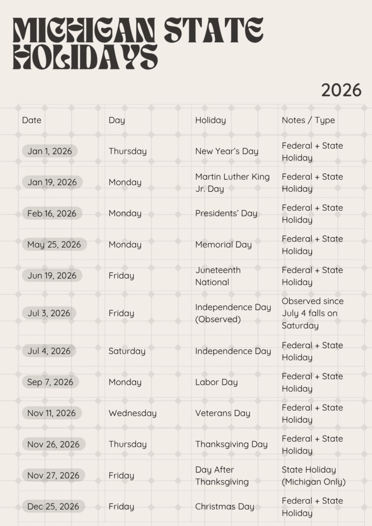 Michigan State Holidays for 2026 (2)