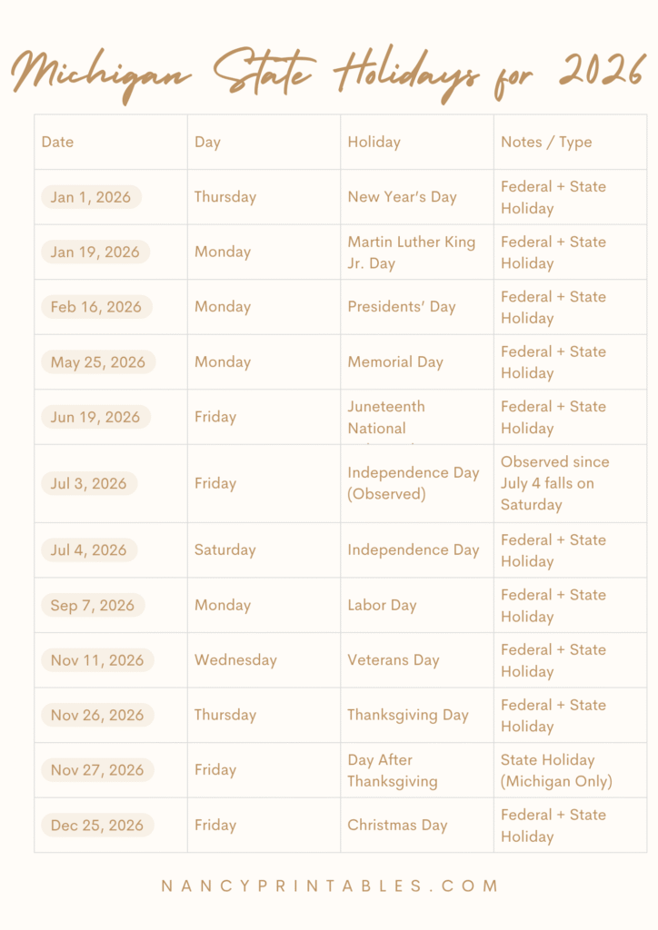 Michigan State Holidays for 2026 (2)