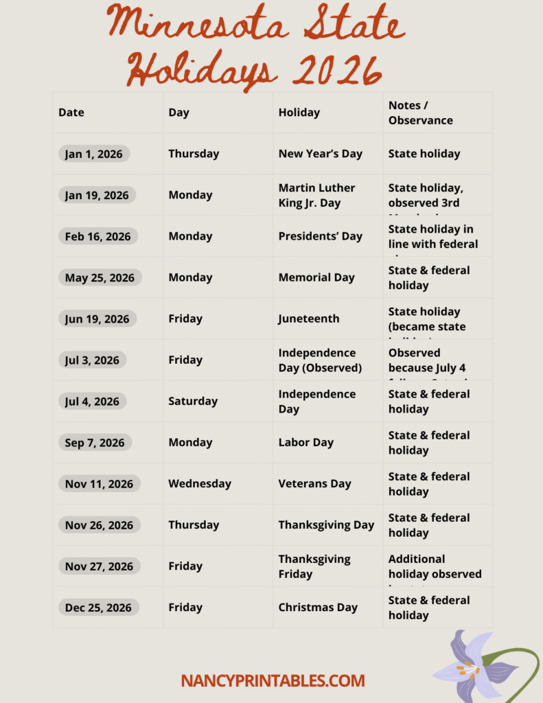 Minnesota State Holidays 2026