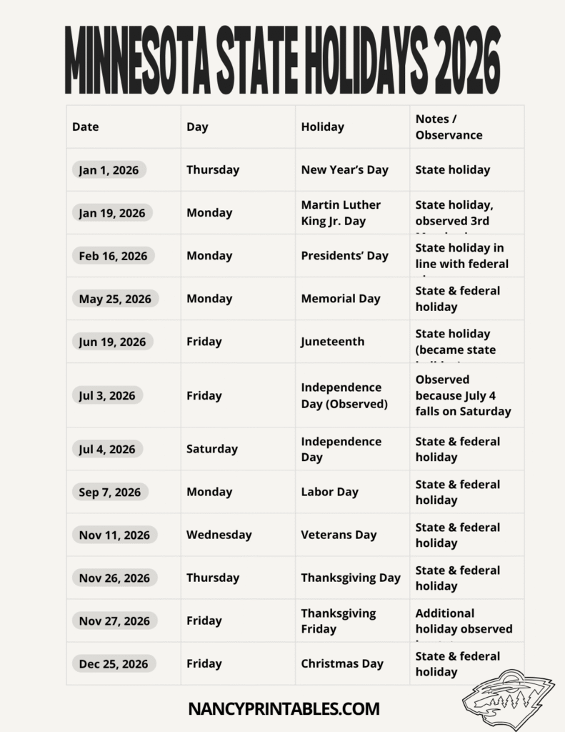 Minnesota State Holidays 2026