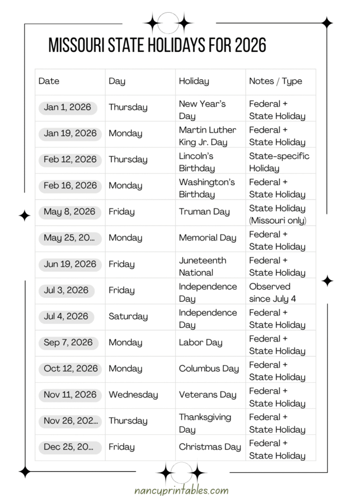 Missouri State Holidays for 2026 (2)