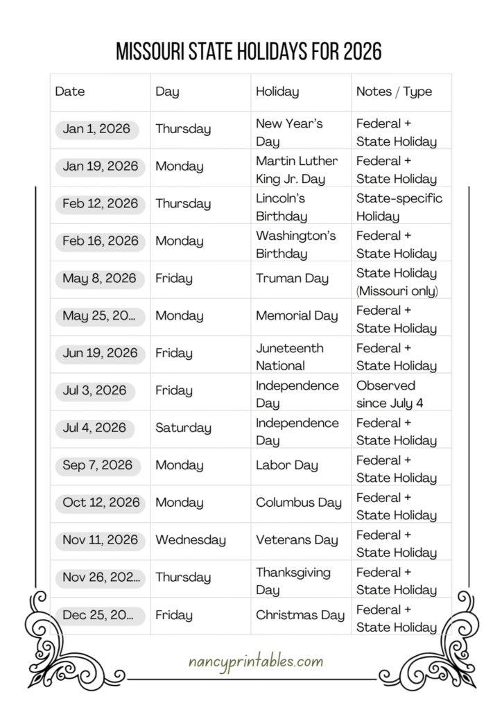Missouri State Holidays for 2026 (3)