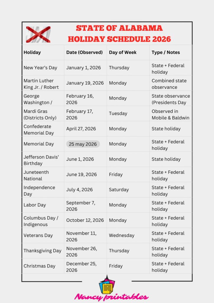 State of Alabama Holidays Schedule 2026