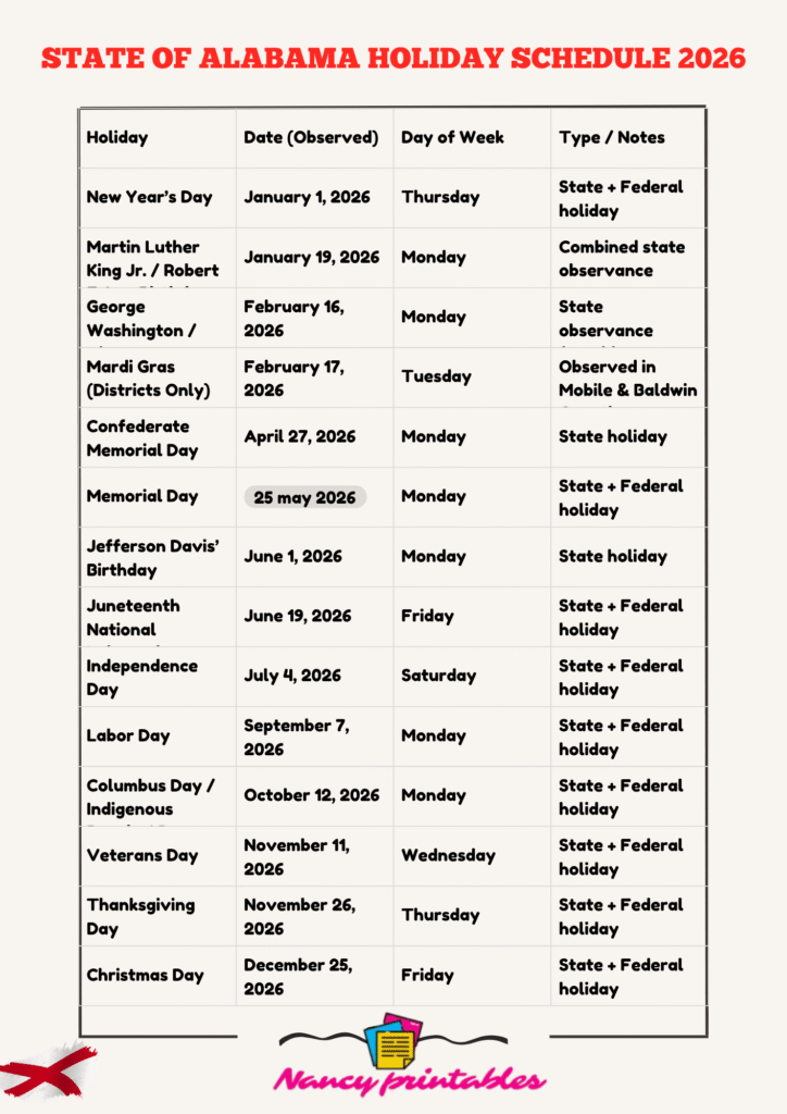 State of Alabama Holidays Schedule 2026