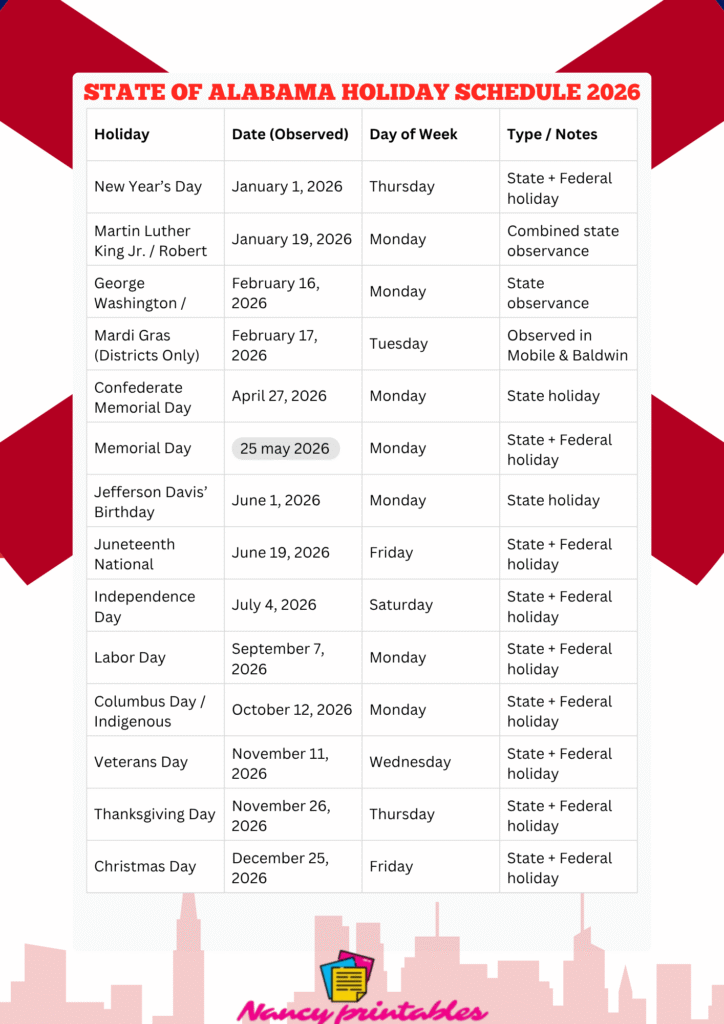 State of Alabama Holidays Schedule 2026