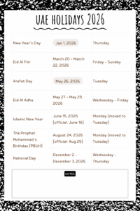 uae holidays 2026 calendar printable download