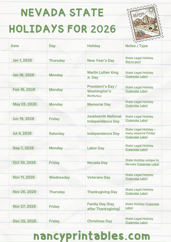 Nevada State Holidays for 2026 (3)
