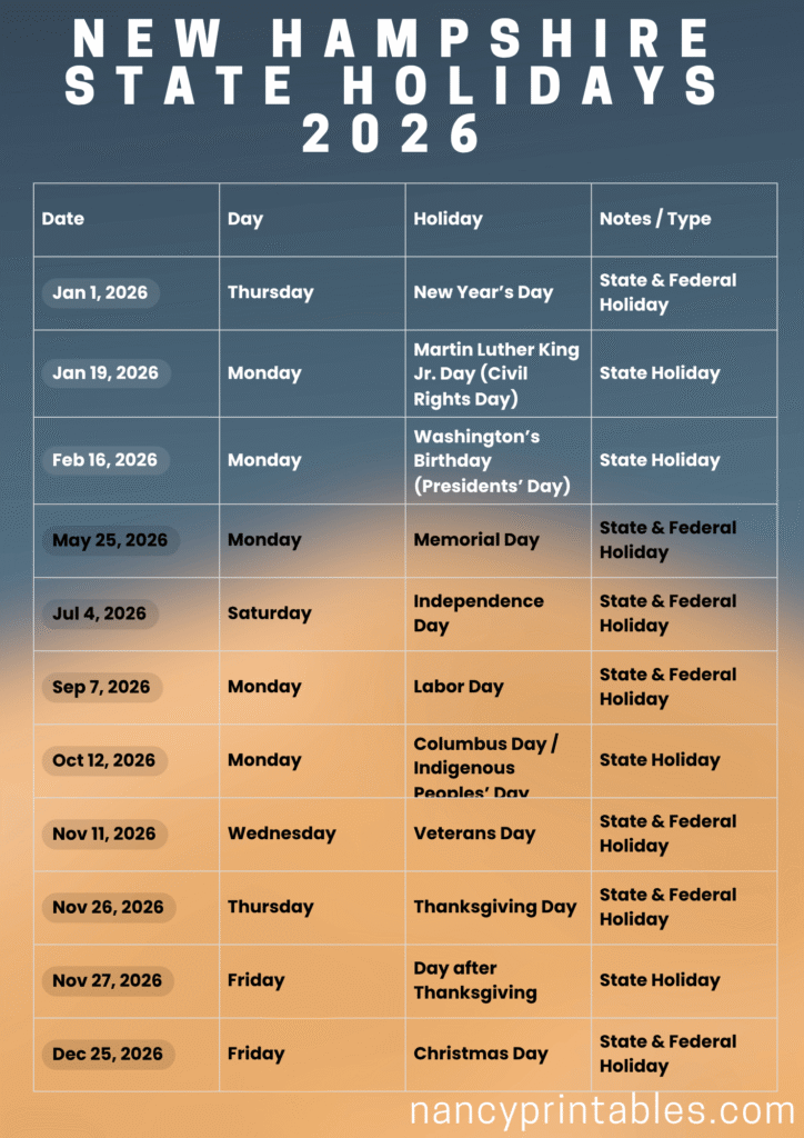 New Hampshire State Holidays 2026 (2)