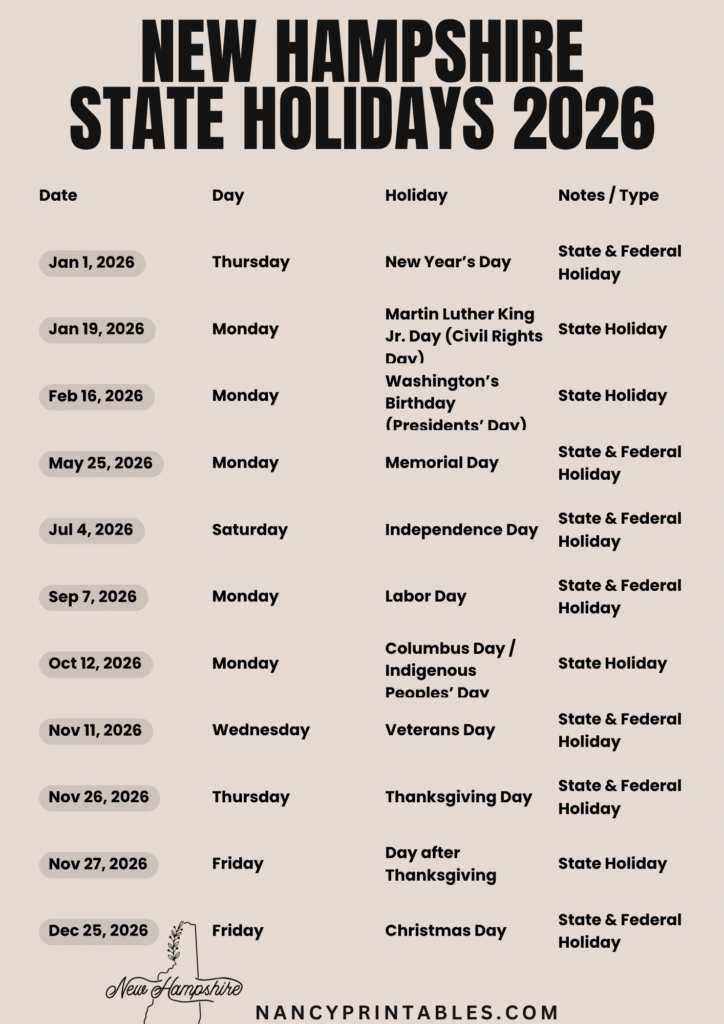 New Hampshire State Holidays 2026 (2)