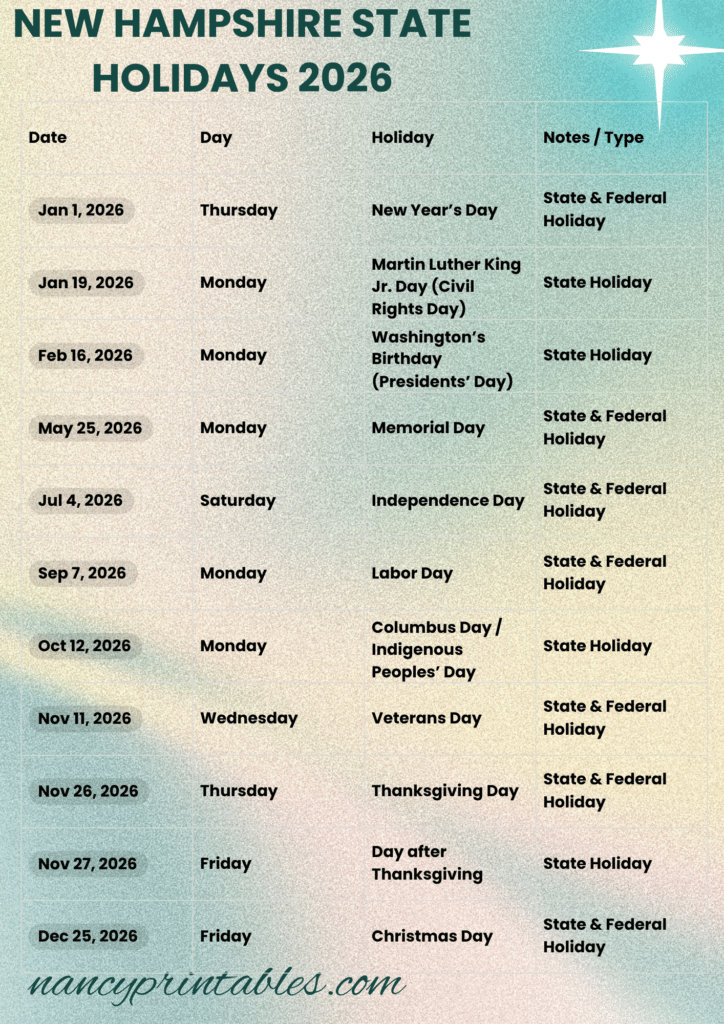 New Hampshire State Holidays 2026