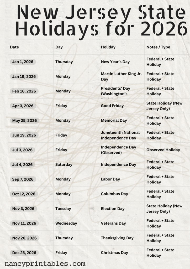New Jersey State Holidays for 2026 (2)