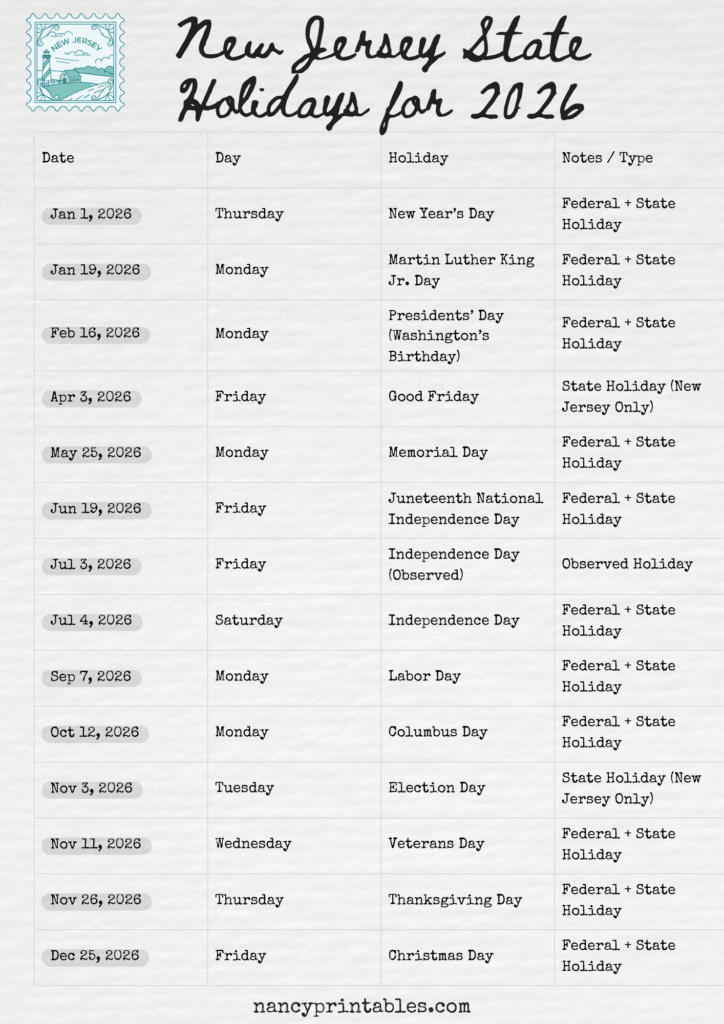 New Jersey State Holidays for 2026 (3)
