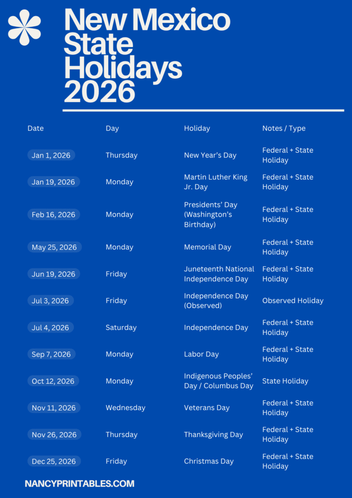 New Mexico State Holidays 2026