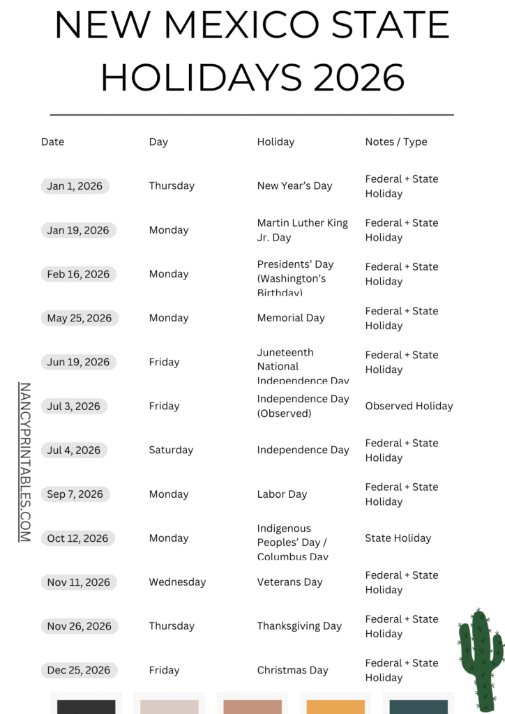 New Mexico State Holidays 2026