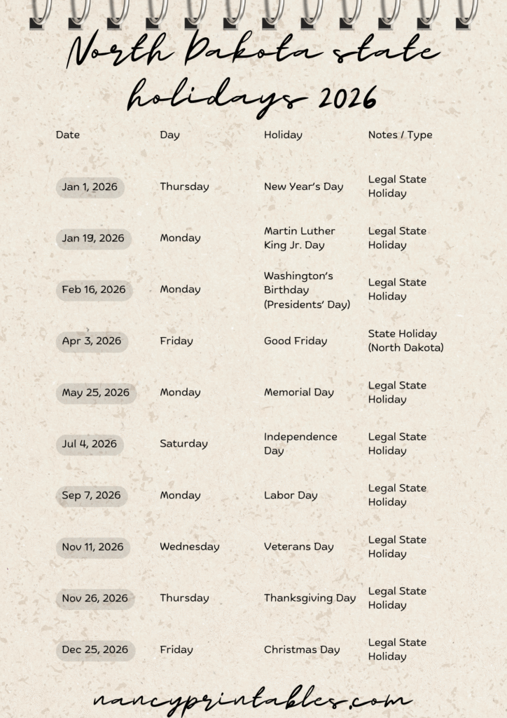 North Dakota state holidays 2026 (2)