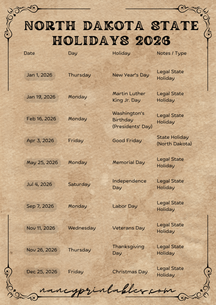 North Dakota state holidays 2026 (3)