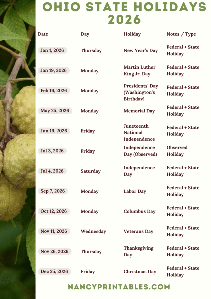 Ohio State Holidays 2026 (2)