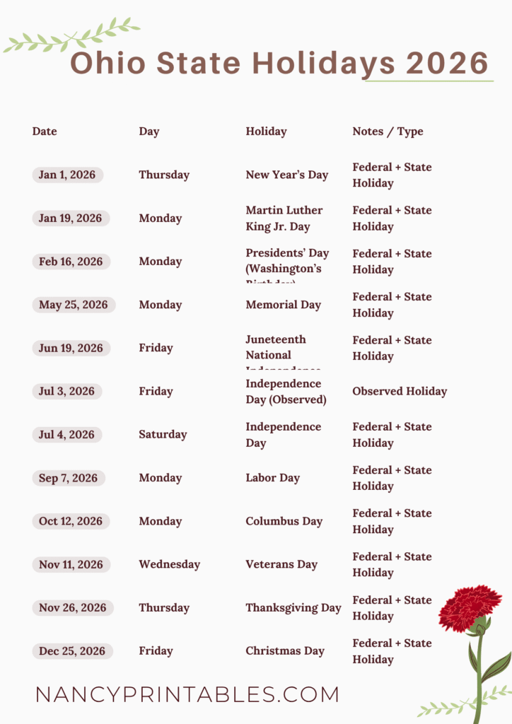 Ohio State Holidays 2026