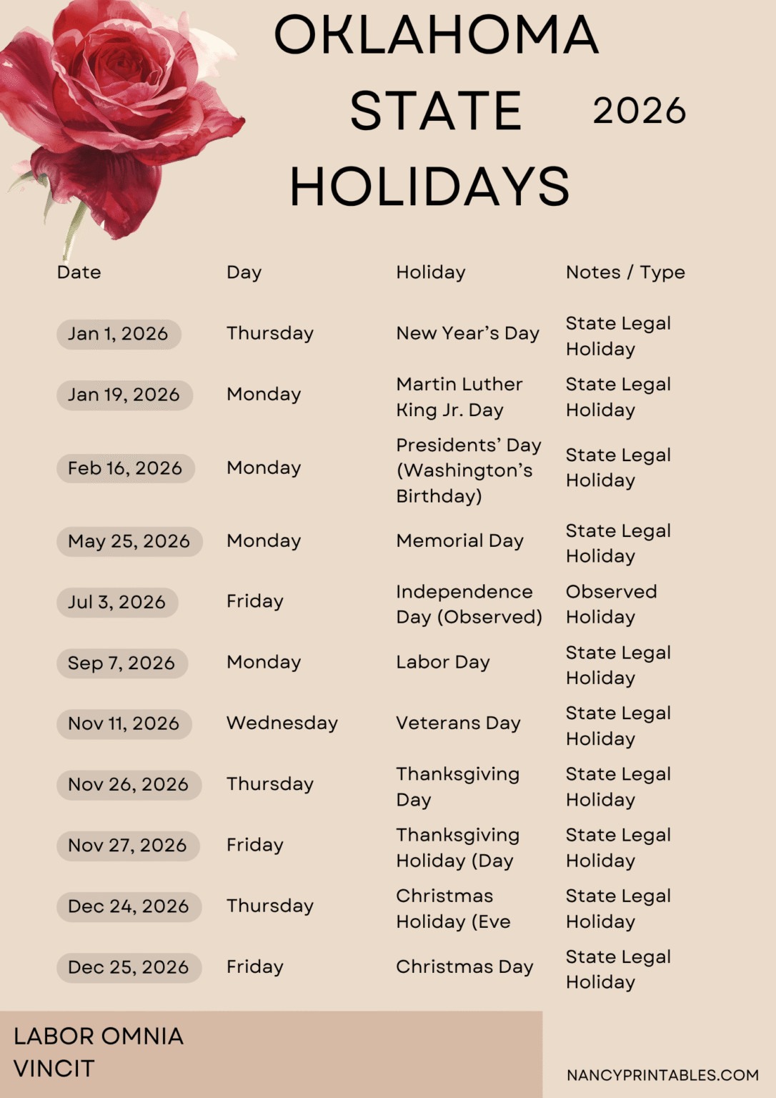 Oklahoma State OK Holidays 2026 Printable Calendar Nancyprintables oklahoma-state-ok-holidays-2026-printable-calendar-nancyprintables