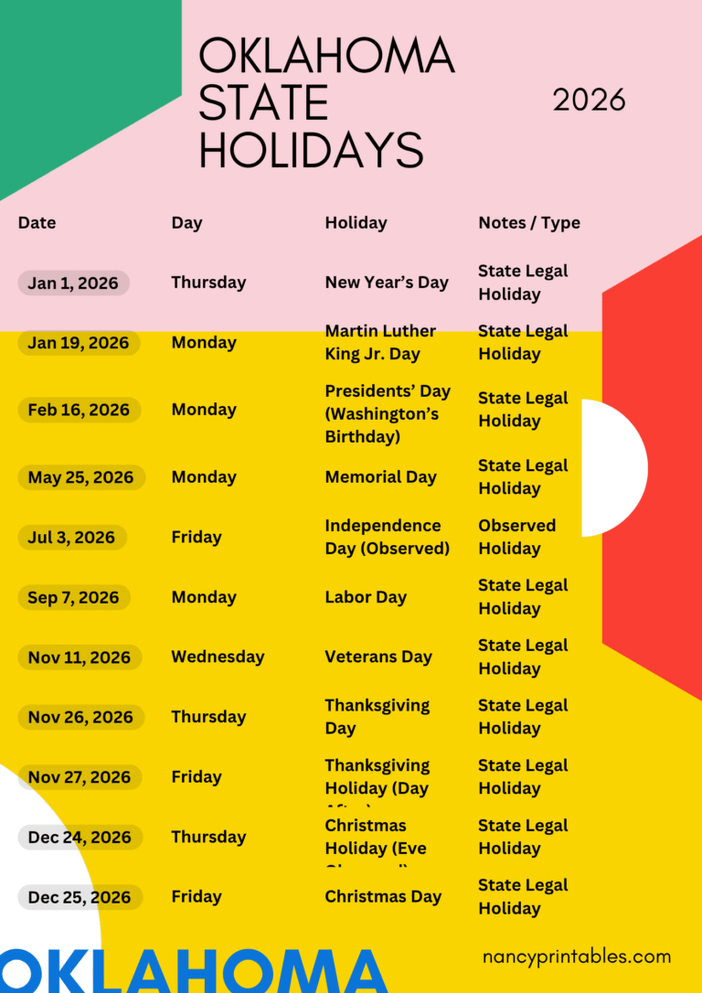Oklahoma State OK Holidays 2026 Printable Calendar Nancyprintables oklahoma-state-ok-holidays-2026-printable-calendar-nancyprintables