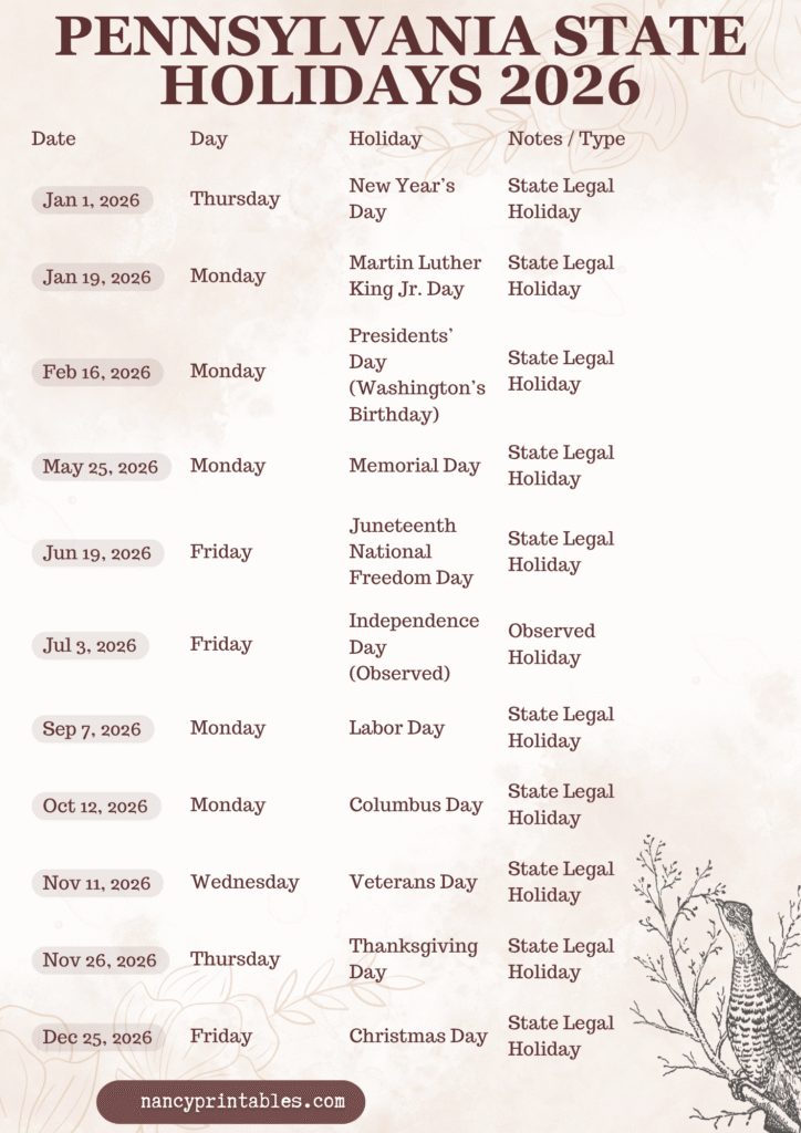 Pennsylvania state holidays 2026 (2)