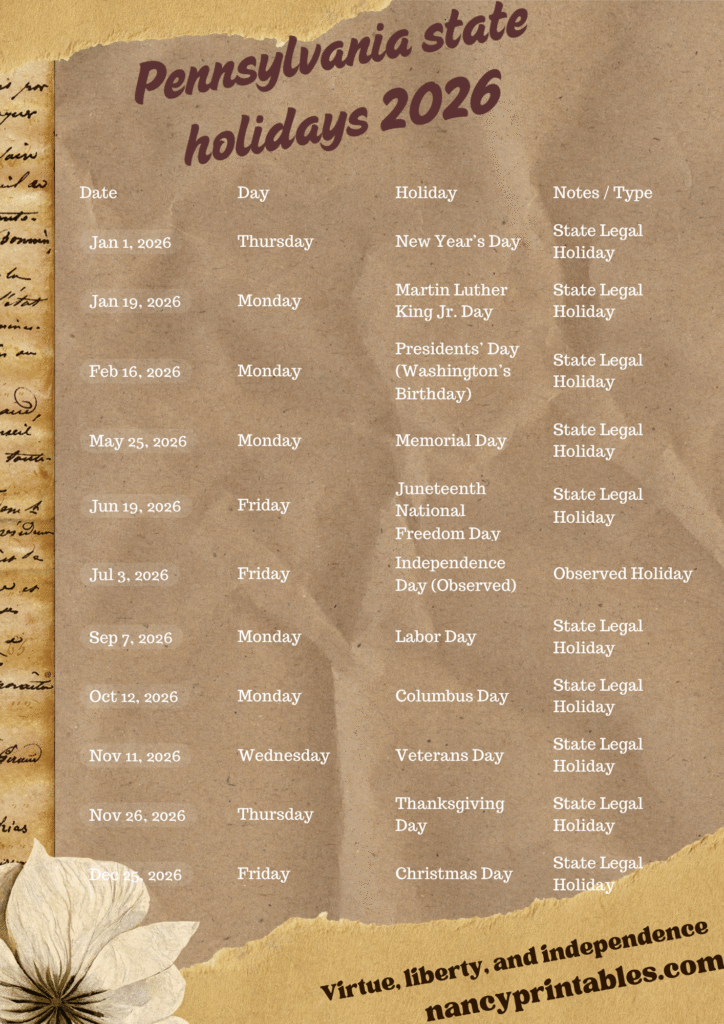 Pennsylvania state holidays 2026 (3)