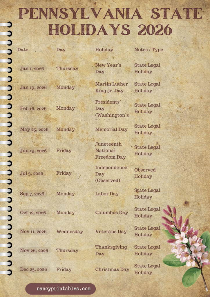 Pennsylvania state holidays 2026