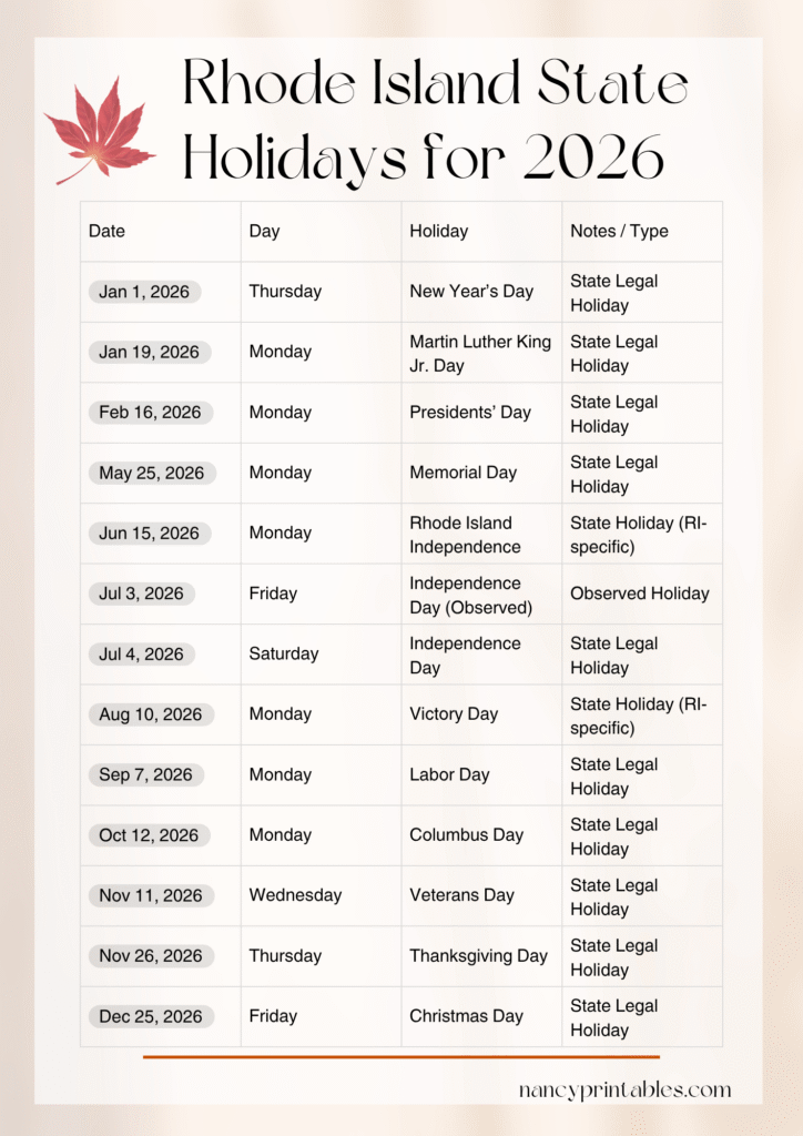 Rhode Island State Holidays for 2026 (2)