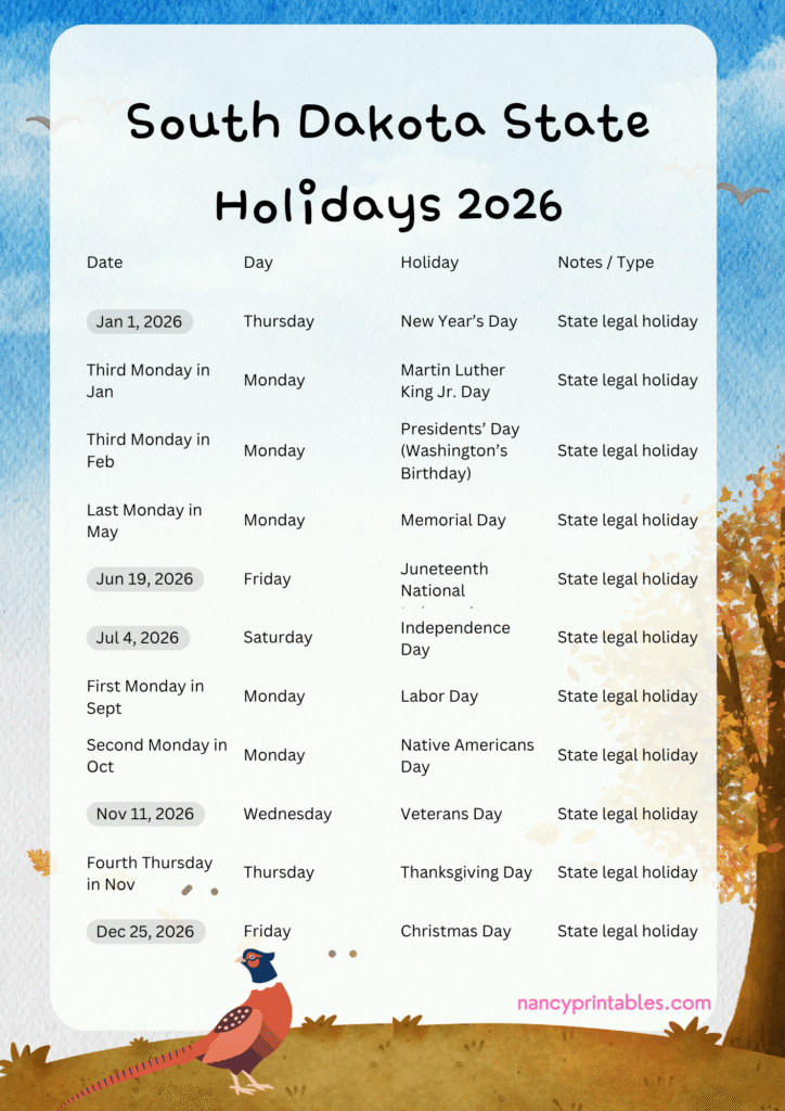 South Dakota State Holidays 2026 (2)