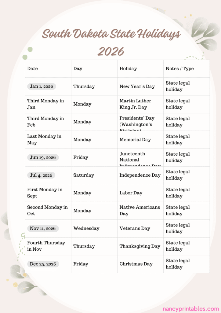 South Dakota State Holidays 2026 (2)