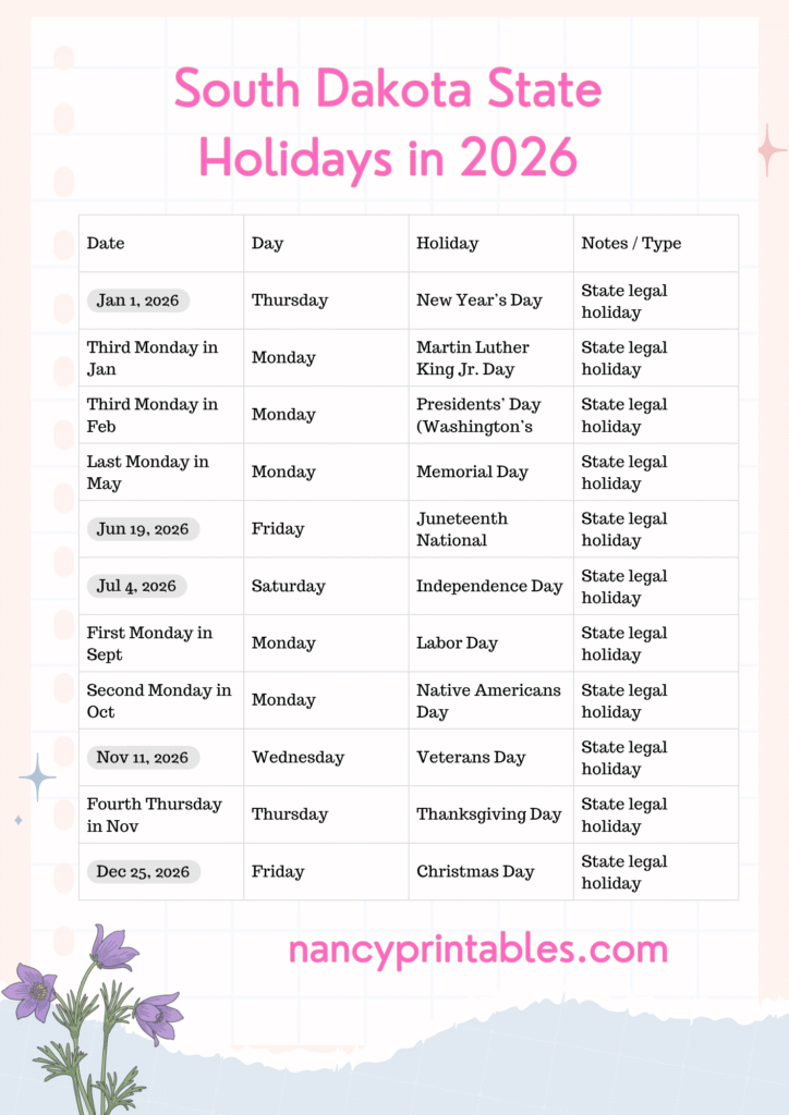 South Dakota State Holidays 2026